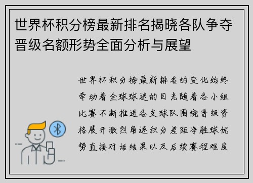 世界杯积分榜最新排名揭晓各队争夺晋级名额形势全面分析与展望