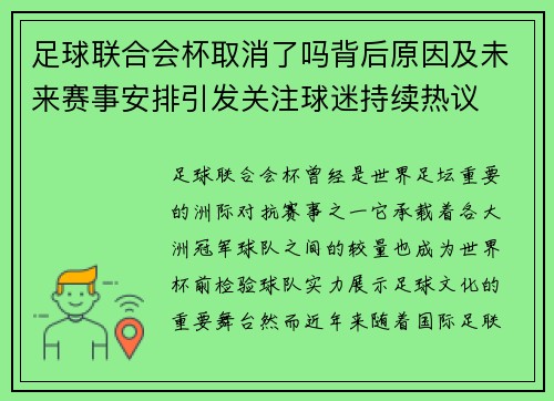 足球联合会杯取消了吗背后原因及未来赛事安排引发关注球迷持续热议